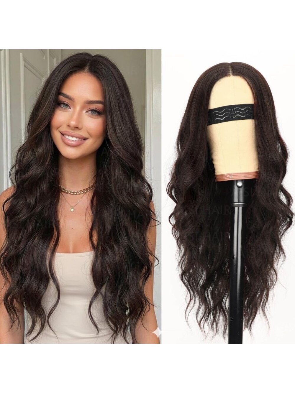 Women's Chocolate Brown Lace Hairline 26 Inch Synthetic Heat Resistant Wavy Wigs